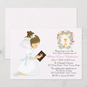 Eerste Heilige Communie Brunette Girl Floral Wreat Kaart