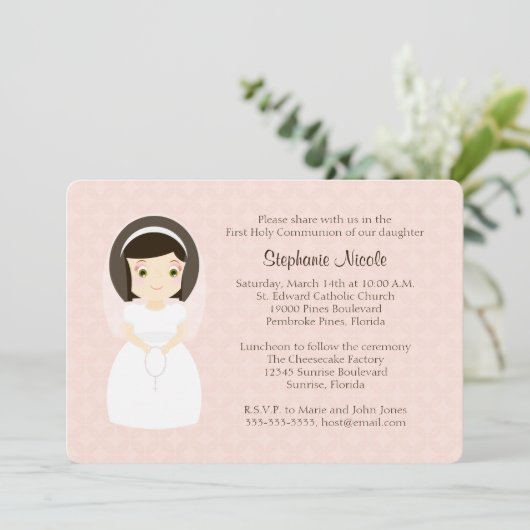 Eerste Heilige Communie Brunette Girl Kaart (Staand voorkant)