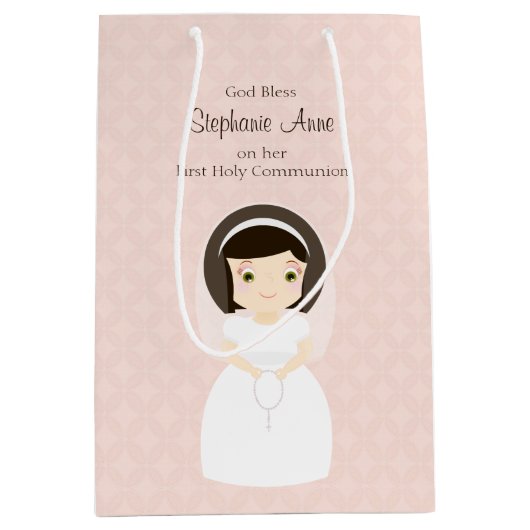 Eerste Heilige Communie Brunette Girl Medium Cadeauzakje (Voorkant)
