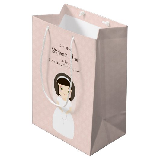 Eerste Heilige Communie Brunette Girl Medium Cadeauzakje (Voorkant Gekanteld)