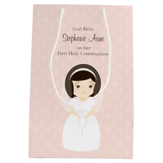 Eerste Heilige Communie Brunette Girl Medium Cadeauzakje (Achterkant)
