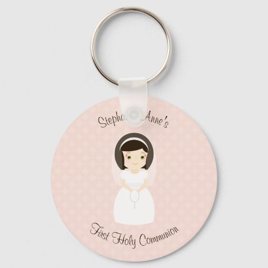Eerste Heilige Communie Brunette Girl Sleutelhanger (Voorkant)