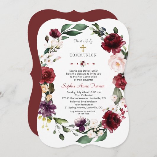 Eerste Heilige Communie Burgundy Blush Bloem Goud Kaart (Voorkant / Achterkant)