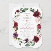 Eerste Heilige Communie Burgundy Blush Bloem Goud Kaart (Voorkant)