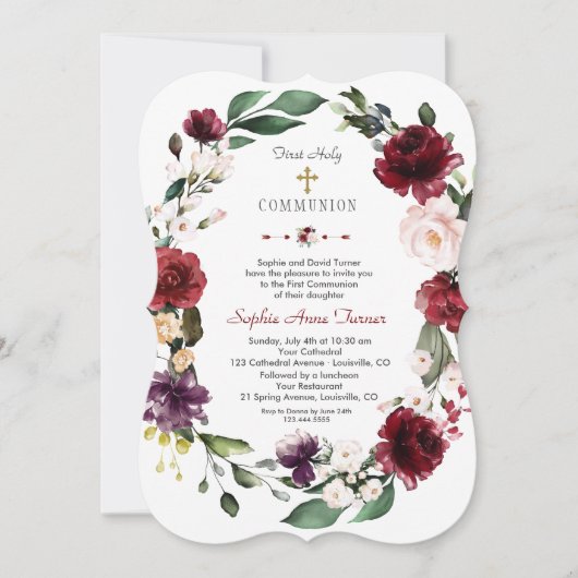 Eerste Heilige Communie Burgundy Blush Bloem Goud Kaart (Voorkant)