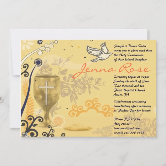 Eerste Heilige Communie Chalice Dove Invitation Go Kaart (Voorkant)
