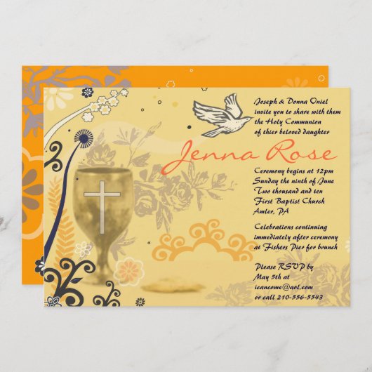 Eerste Heilige Communie Chalice Dove Invitation Go Kaart (Voorkant / Achterkant)