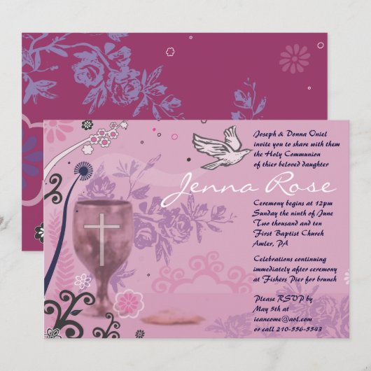 Eerste Heilige Communie Chalice Dove Invitation ro Kaart (Voorkant / Achterkant)
