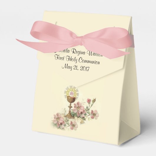 Eerste Heilige Communie Chalice Host Pink Flowers Bedankdoosjes (Voorkant Zijde)