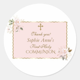 Eerste Heilige Communie Charm Blush Roze Bloemen G Ronde Sticker