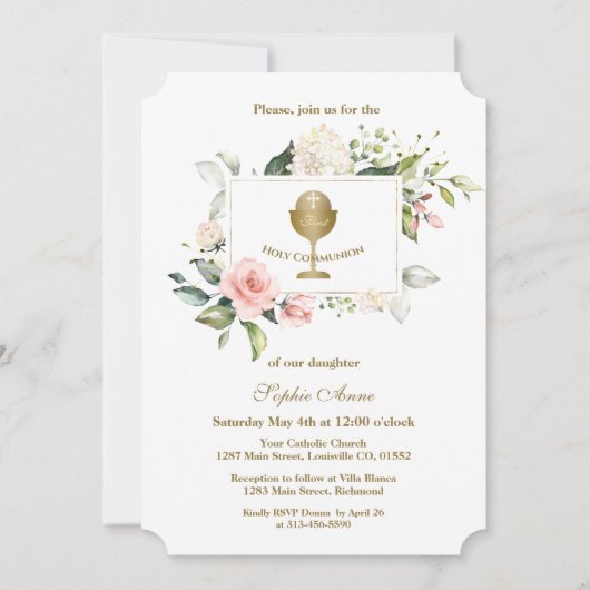 Eerste Heilige Communie Charm Pink Bloemen Frame M Kaart (Voorkant)