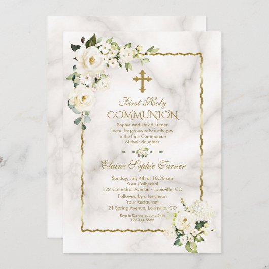 Eerste Heilige Communie Charm Witte Bloemen Goud Kaart (Voorkant / Achterkant)