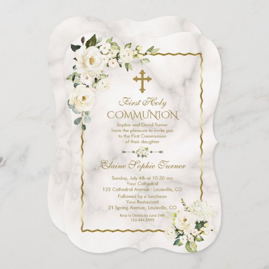 Eerste Heilige Communie Charm Witte Bloemen Goud Kaart (Voorkant / Achterkant)