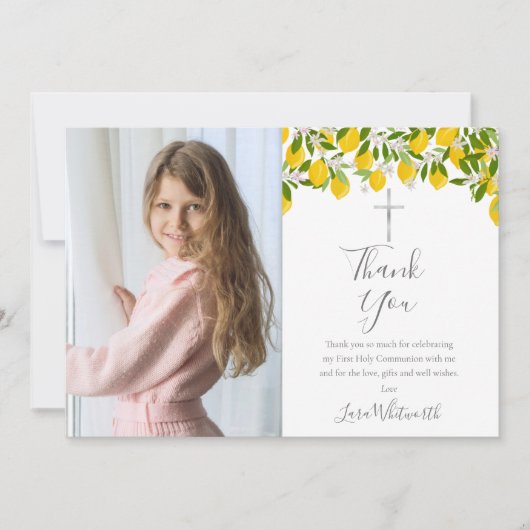 Eerste Heilige Communie Citroenen Zilveren Kruis F Bedankkaart (Voorkant)