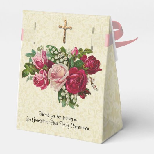 Eerste Heilige Communie Cross Rozen Ecru Kant Desi Bedankdoosjes (Achterkant)