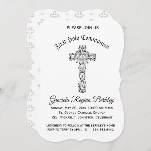 Eerste Heilige Communie Cross Zwart Wit Uitnodigin Kaart (Voorkant / Achterkant)