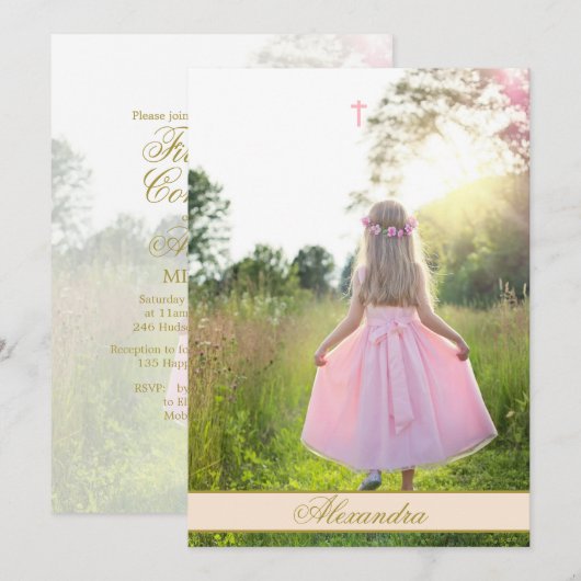 Eerste Heilige Communie Custom Foto Gouden Kleur Kaart (Voorkant / Achterkant)