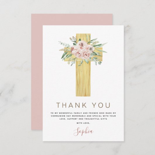 Eerste Heilige Communie Dank je droesrode roze Ros Bedankkaart (Voorkant / Achterkant)