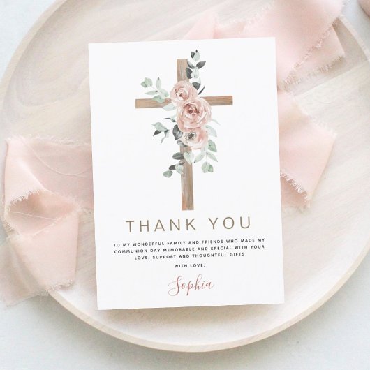 Eerste Heilige Communie Dank je droesrode roze Ros Bedankkaart