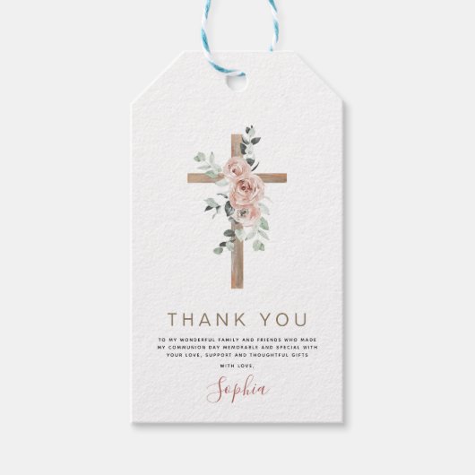Eerste Heilige Communie Dank je droesrode roze Ros Cadeaulabel (Voorkant)