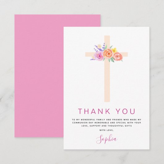 Eerste Heilige Communie Dank je Floral Pink Rose Bedankkaart (Voorkant / Achterkant)