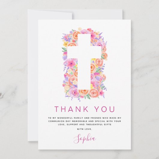 Eerste Heilige Communie Dank je Floral Pink Rose Bedankkaart (Voorkant)