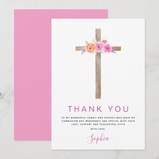 Eerste Heilige Communie Dank je Floral Pink Rose Bedankkaart (Voorkant / Achterkant)