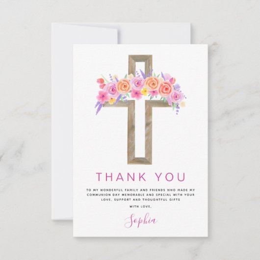 Eerste Heilige Communie Dank je Floral Pink Rose Bedankkaart (Voorkant)