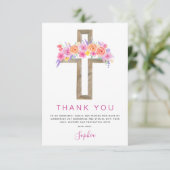 Eerste Heilige Communie Dank je Floral Pink Rose Bedankkaart (Staand voorkant)