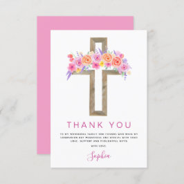 Eerste Heilige Communie Dank je Floral Pink Rose Bedankkaart