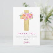 Eerste Heilige Communie Dank je Floral Pink Rose Bedankkaart (Staand voorkant)