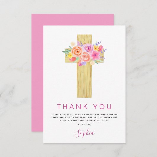 Eerste Heilige Communie Dank je Floral Pink Rose Bedankkaart (Voorkant / Achterkant)