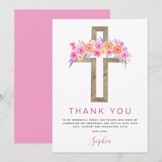 Eerste Heilige Communie Dank je Floral Pink Rose Bedankkaart (Voorkant / Achterkant)
