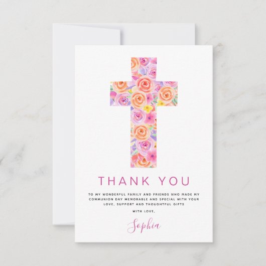 Eerste Heilige Communie Dank je Floral Pink Rose i Bedankkaart (Voorkant)