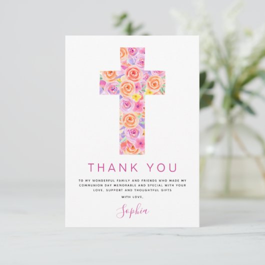 Eerste Heilige Communie Dank je Floral Pink Rose i Bedankkaart (Staand voorkant)