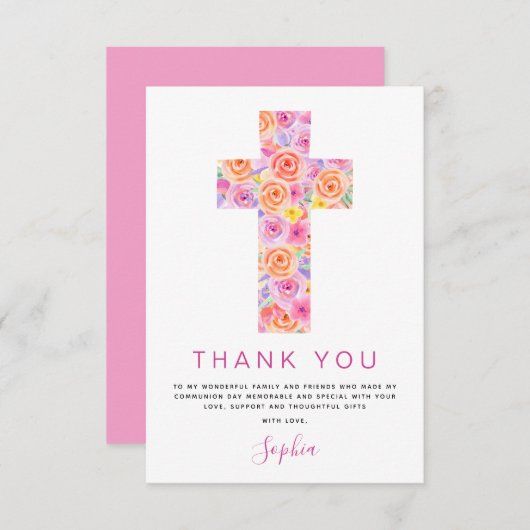 Eerste Heilige Communie Dank je Floral Pink Rose i Bedankkaart (Voorkant / Achterkant)