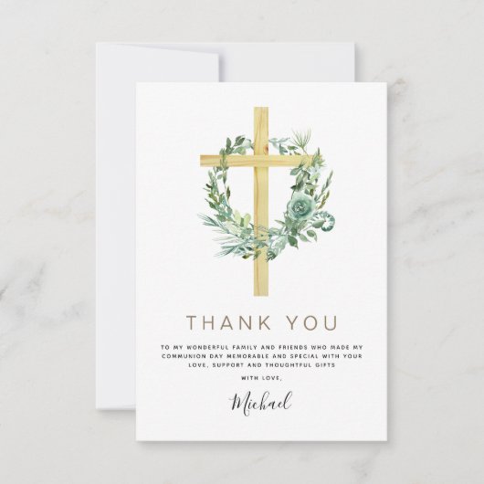 Eerste Heilige Communie Dank je Greenery Sage Invi Bedankkaart (Voorkant)