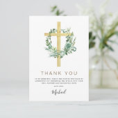 Eerste Heilige Communie Dank je Greenery Sage Invi Bedankkaart (Staand voorkant)