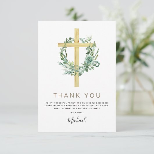 Eerste Heilige Communie Dank je Greenery Sage Invi Bedankkaart (Staand voorkant)
