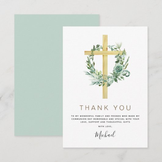 Eerste Heilige Communie Dank je Greenery Sage Invi Bedankkaart (Voorkant / Achterkant)