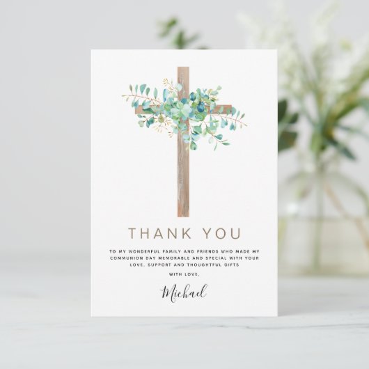 Eerste Heilige Communie Dank je wel Sage Eucalyptu Bedankkaart (Staand voorkant)