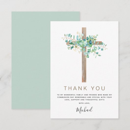 Eerste Heilige Communie Dank je wel Sage Eucalyptu Bedankkaart (Voorkant / Achterkant)