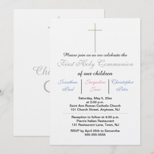 Eerste Heilige Communie Drieling Blauw Roze Kaart (Voorkant / Achterkant)