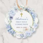 Eerste Heilige Communie Dusty Blue Floral Bedankjes Labels (Voorkant)