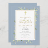 Eerste Heilige Communie Dusty Blue Greenery Save The Date (Voorkant / Achterkant)