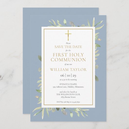 Eerste Heilige Communie Dusty Blue Greenery Save The Date (Voorkant / Achterkant)