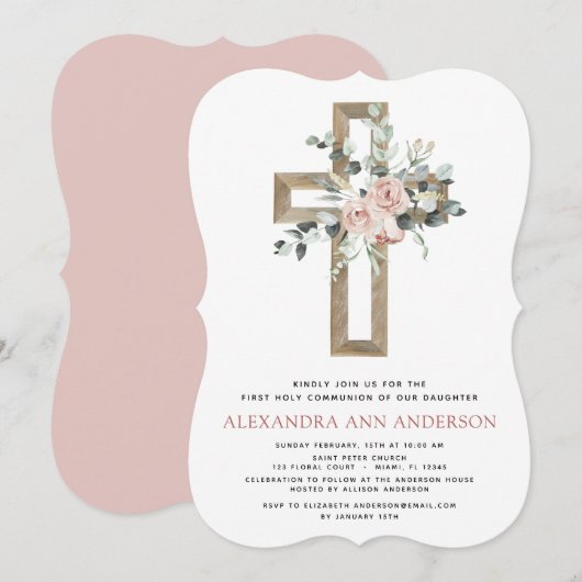 Eerste Heilige Communie Dusty Pink Rose Greenery Kaart (Voorkant / Achterkant)