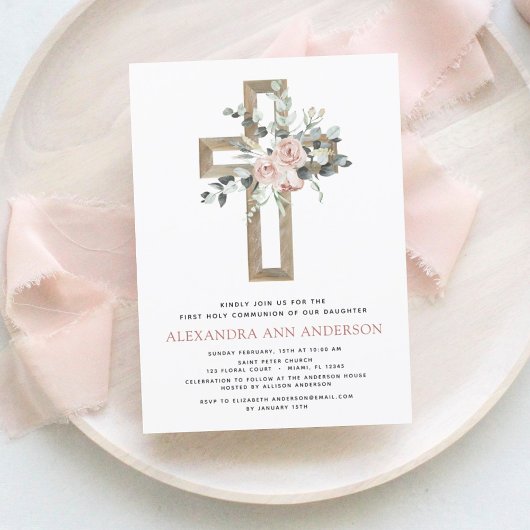 Eerste Heilige Communie Dusty Pink Rose Greenery Kaart