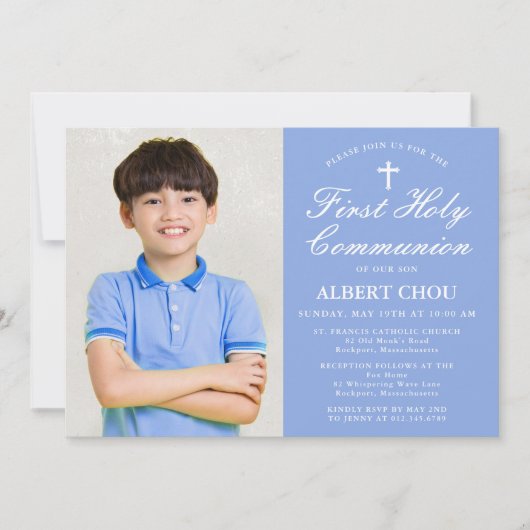 Eerste Heilige Communie Één-foto Elegante Jongen B Kaart (Voorkant)
