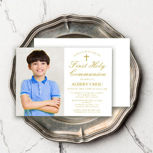 Eerste Heilige Communie Één-foto Elegante Jongen Kaart